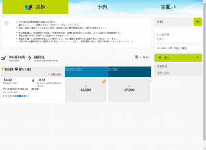 JIN　AIR　で沖縄->送付の片道の航空券を購入する際の画面